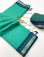Allure Turquoise Cotton Silk Saree With Assemblage Blouse Piece