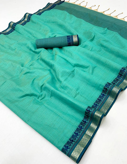Allure Turquoise Cotton Silk Saree With Assemblage Blouse Piece