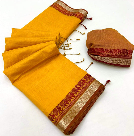 Sonorous Yellow Cotton Silk Saree With Glittering Blouse Piece