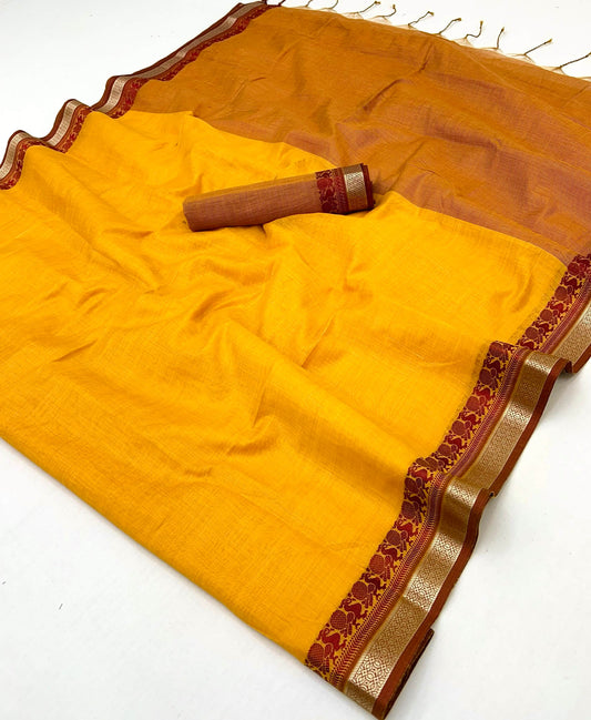 Sonorous Yellow Cotton Silk Saree With Glittering Blouse Piece