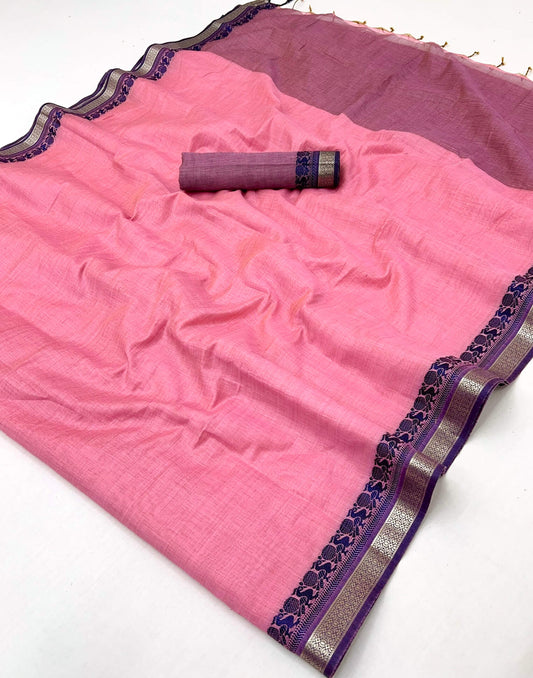 Magnetic Pink Cotton Silk Saree With Delectable Blouse Piece