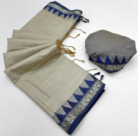 Demure Grey Cotton Silk Saree With Conflate Blouse Piece