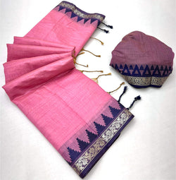 Traditional Pink Cotton Silk Saree With Profuse Blouse Piece