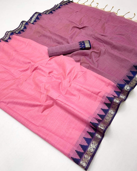 Traditional Pink Cotton Silk Saree With Profuse Blouse Piece