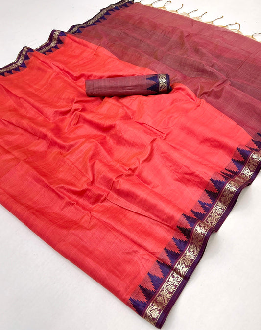 Luxuriant Red Cotton Silk Saree With Surpassing Blouse Piece