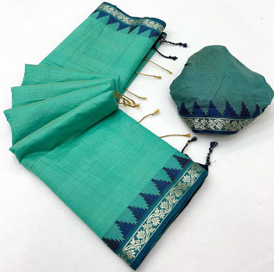 Stunning Turquoise Cotton Silk Saree With Surreptitious Blouse Piece