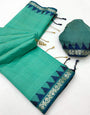 Stunning Turquoise Cotton Silk Saree With Surreptitious Blouse Piece