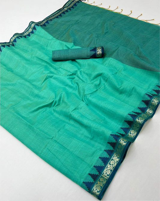Stunning Turquoise Cotton Silk Saree With Surreptitious Blouse Piece