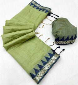 Gossamer Pista Cotton Silk Saree With Desuetude Blouse Piece