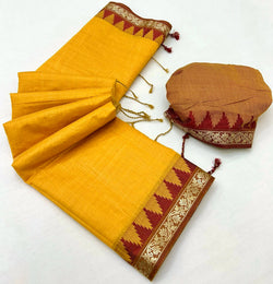 Comely Yellow Cotton Silk Saree With Vestigial Blouse Piece