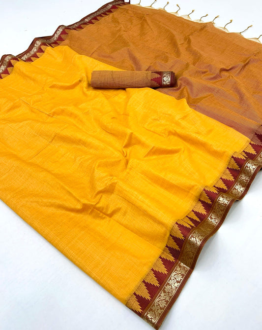 Comely Yellow Cotton Silk Saree With Vestigial Blouse Piece