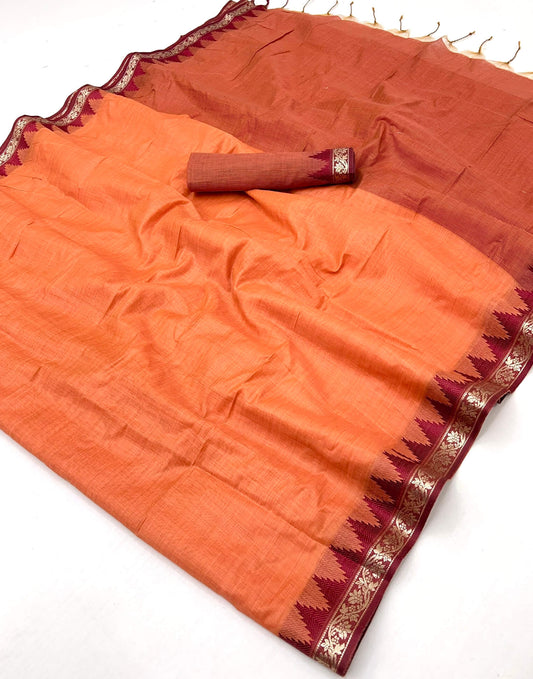 Sumptuous Orange Cotton Silk Saree With Gorgeous Blouse Piece