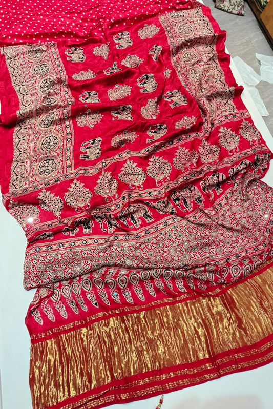 Jubilant Red Pure Viscose Lagdi Patta Mirror Work Ajrakh Printed  Saree
