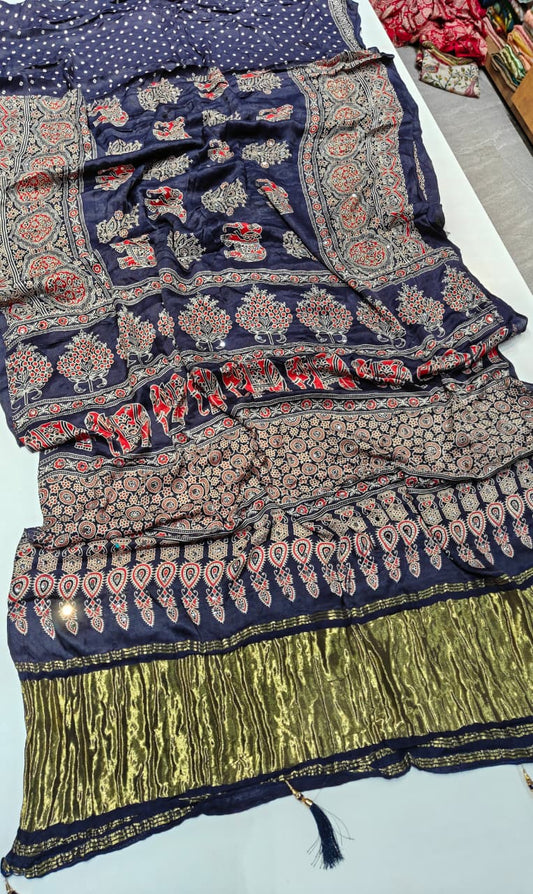 Allure Navy Blue Pure Viscose Lagdi Patta Mirror Work Ajrakh Printed  Saree