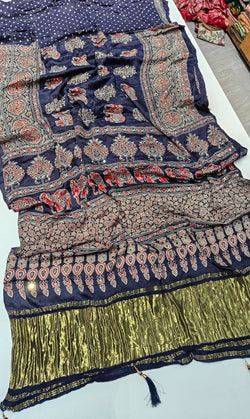 Allure Navy Blue Pure Viscose Lagdi Patta Mirror Work Ajrakh Printed  Saree