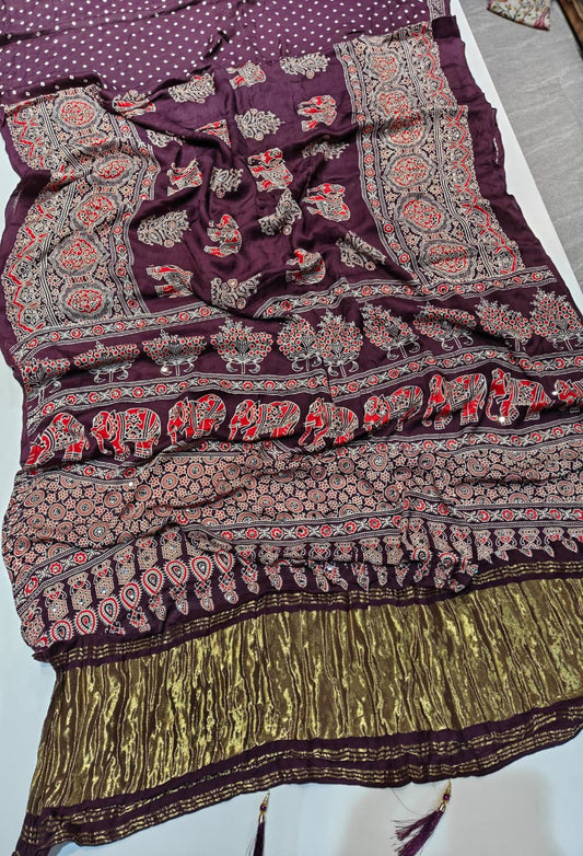 Panoply Purple Pure Viscose Lagdi Patta Mirror Work Ajrakh Printed  Saree