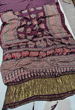 Panoply Purple Pure Viscose Lagdi Patta Mirror Work Ajrakh Printed  Saree