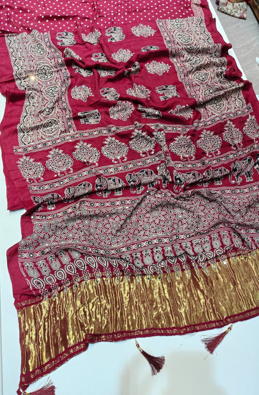 Conflate Wine Pure Viscose Lagdi Patta Mirror Work Ajrakh Printed  Saree