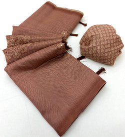 Eclat Brown Printed Cotton Silk Saree With Amiable Blouse Piece