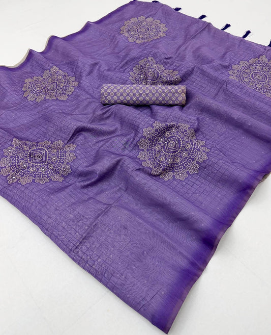Majestic Lavender Printed Cotton Silk Saree With Dissemble Blouse Piece