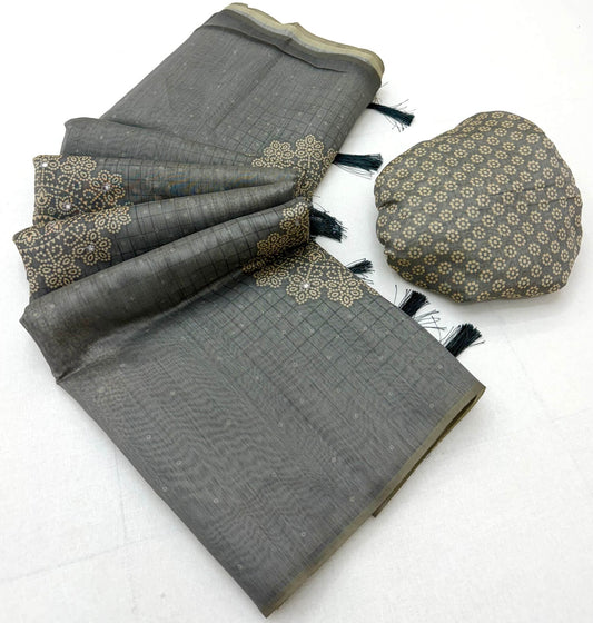 Skinny Grey Printed Cotton Silk Saree With Wonderful Blouse Piece