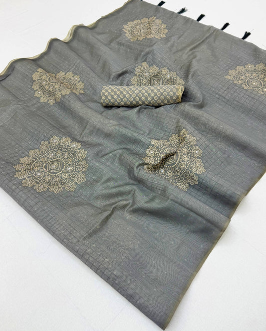 Skinny Grey Printed Cotton Silk Saree With Wonderful Blouse Piece