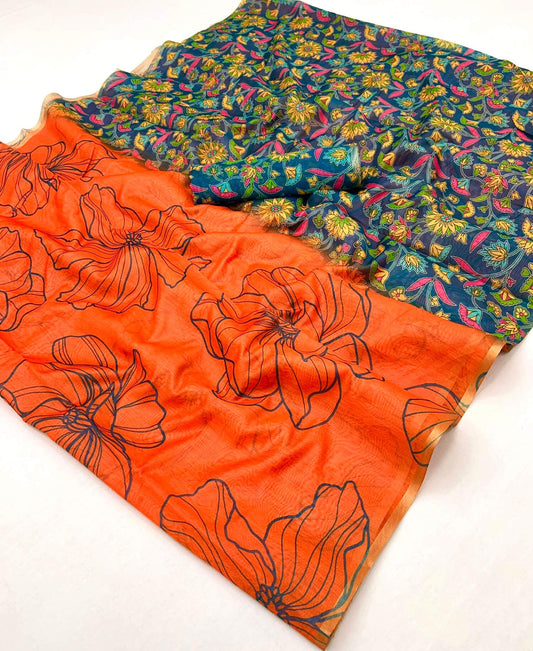 Ornate Orange Printed Cotton Silk Saree With Sizzling Blouse Piece