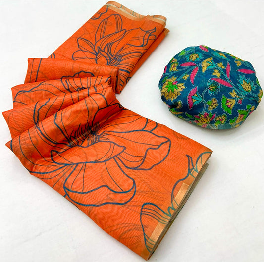 Ornate Orange Printed Cotton Silk Saree With Sizzling Blouse Piece