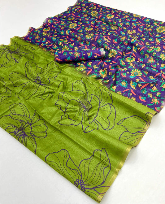 Quintessential Green Printed Cotton Silk Saree With Palimpsest Blouse Piece