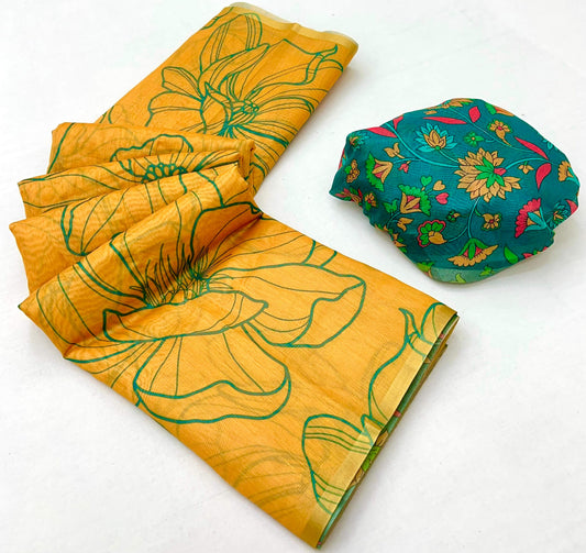 Flaunt Yellow Printed Cotton Silk Saree With Splendorous Blouse Piece