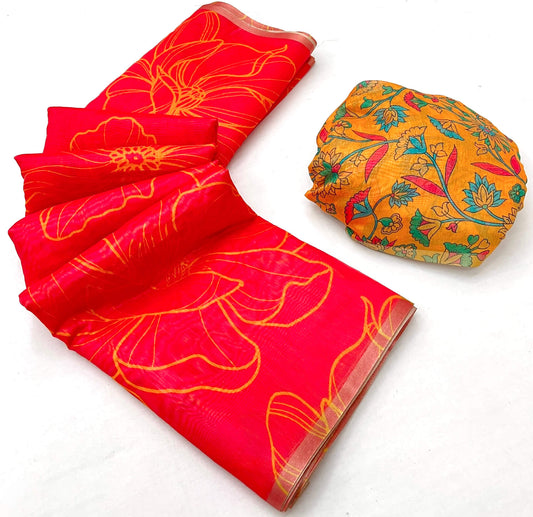 Pleasurable Red Printed Cotton Silk Saree With Adorning Blouse Piece