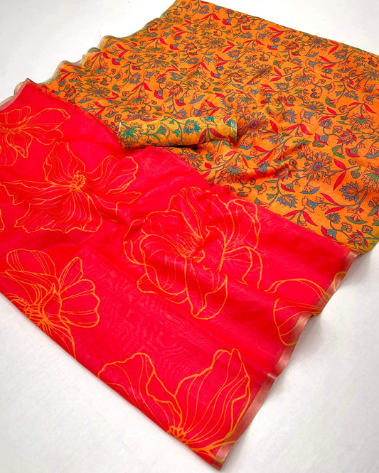 Pleasurable Red Printed Cotton Silk Saree With Adorning Blouse Piece