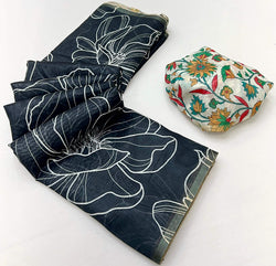 Scintillating Black Printed Cotton Silk Saree With Ephemeral Blouse Piece