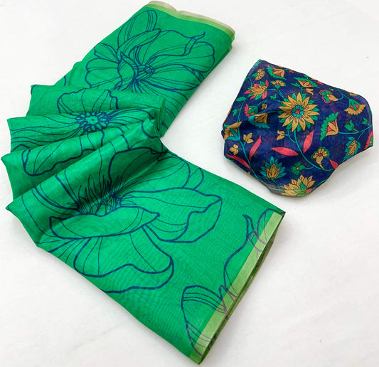 Appealing Sea Green Printed Cotton Silk Saree With Rhapsodic Blouse Piece