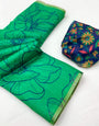 Appealing Sea Green Printed Cotton Silk Saree With Rhapsodic Blouse Piece