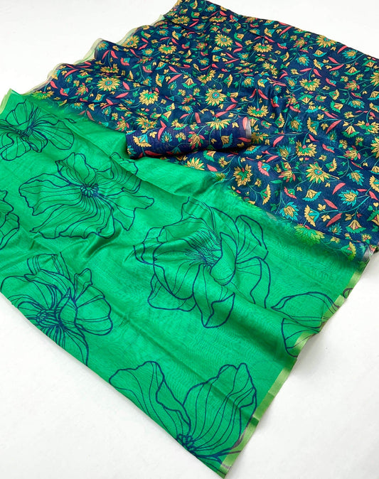 Appealing Sea Green Printed Cotton Silk Saree With Rhapsodic Blouse Piece
