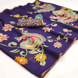 Vivacious Navy Blue Kalamkari Printed Cotton Silk Saree With Inspiring Blouse Piece