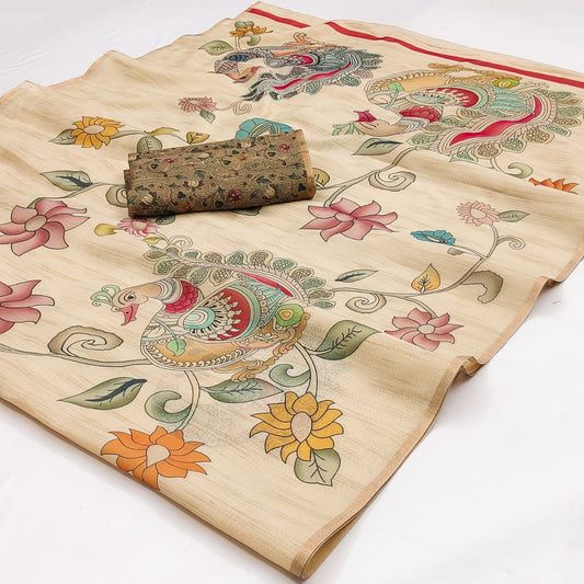 Forbearance Beige Kalamkari Printed Cotton Silk Saree With Elision Blouse Piece