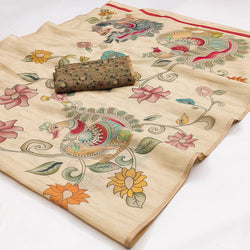 Forbearance Beige Kalamkari Printed Cotton Silk Saree With Elision Blouse Piece