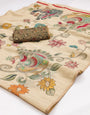 Forbearance Beige Kalamkari Printed Cotton Silk Saree With Elision Blouse Piece
