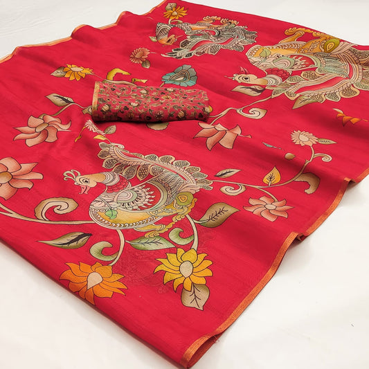 Energetic Red Kalamkari Printed Cotton Silk Saree With Dalliance Blouse Piece
