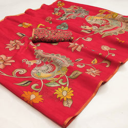 Energetic Red Kalamkari Printed Cotton Silk Saree With Dalliance Blouse Piece