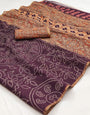 Stunner Wine Printed Cotton Silk Saree With Precious Blouse Piece
