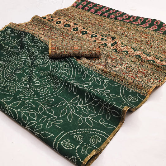 Woebegone Dark Green Printed Cotton Silk Saree With Nectarous Blouse Piece