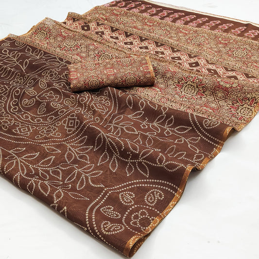 Staggering Brown Printed Cotton Silk Saree With Beautiful Blouse Piece