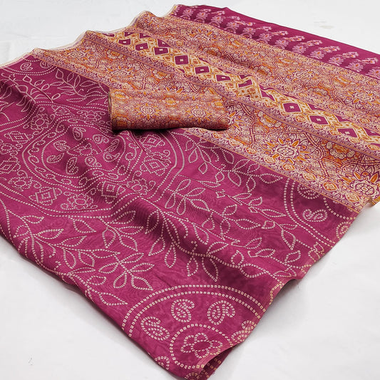 Elegant Dark Pink Printed Cotton Silk Saree With Enamoring Blouse Piece