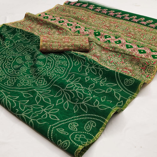 Snappy Green Printed Cotton Silk Saree With Preferable Blouse Piece
