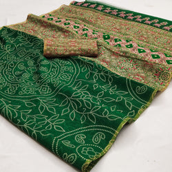 Snappy Green Printed Cotton Silk Saree With Preferable Blouse Piece