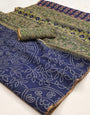 Radiant Navy Blue Printed Cotton Silk Saree With Confounding Blouse Piece