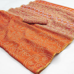Desultory Orange Printed Cotton Silk Saree With Fragrant Blouse Piece